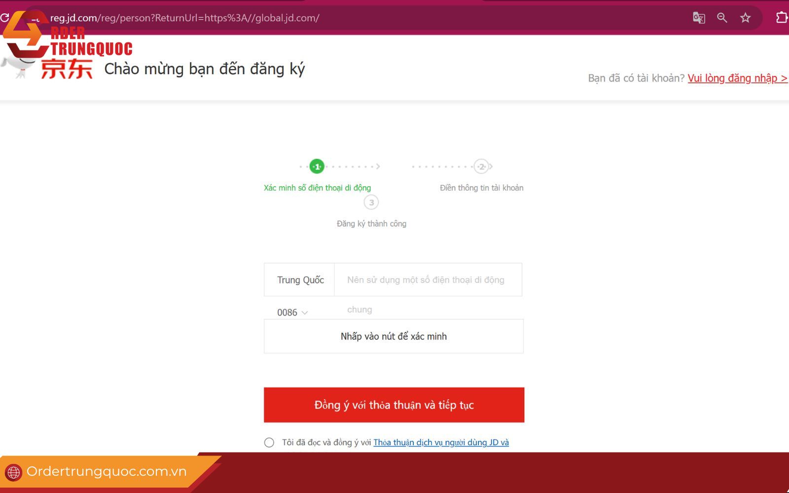 Điền thông tin để tạo tài khoản Jindong