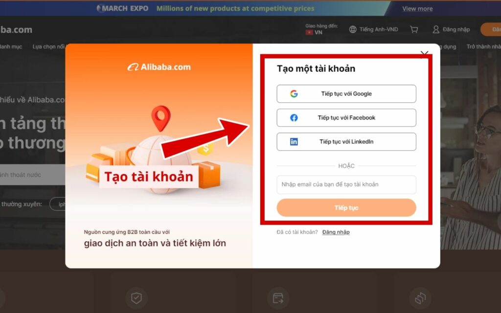 Chọn cách thức đăng ký và nhấn Tiếp tục Có 3 cách phổ biến khác để đăng ký tài khoản mua hàng Alibaba