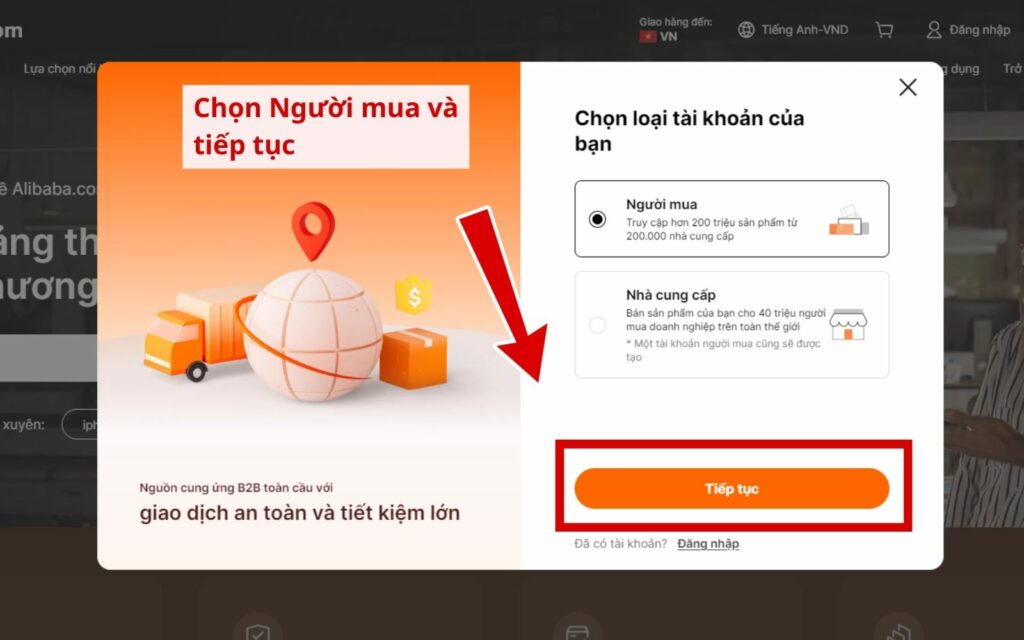Chọn Người mua và nhấn nút Tiếp tục Tạo loại tài khoản người mua hàng Alibaba