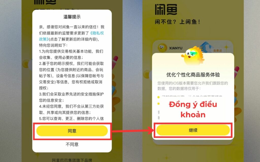 Mở ứng dụng order đồ 2taobao và đồng ý điều khoản sử dụng Chọn đăng ký tài khoản đặt hàng trên 2taobao bằng app Taobao hoặc Alipay
