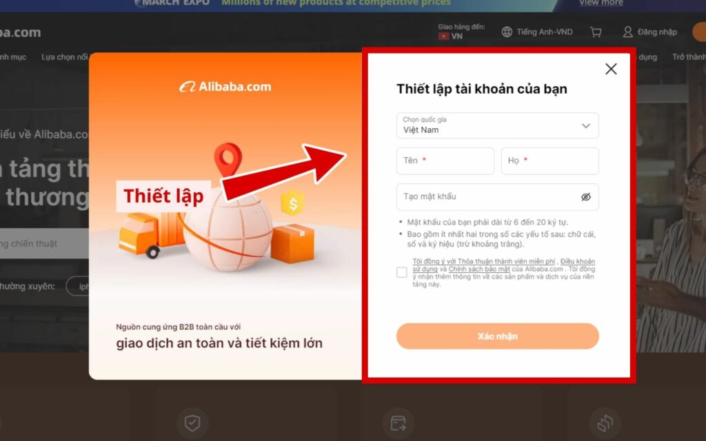 Điền thông tin người dùng và nhấn nút Xác nhận Điền thông tin để thiết lập tài khoản