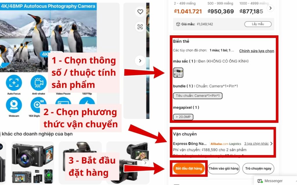 Chọn thông số sản phẩm và đặt hàng Lựa chọn thông tin sản phẩm trước khi đặt hàng Alibaba