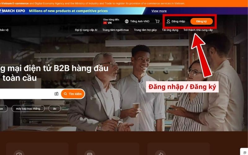 Chọn đăng nhập hoặc đăng ký Alibaba nếu chưa có tài khoản Chọn mục đăng nhập/đăng ký trên web Alibaba