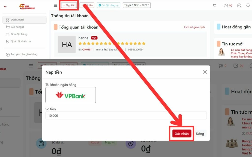 Nạp tiền vào ví Order Trung Quốc để thanh toán tiền cọc đơn đặt hộ hàng Xianyu Quy trình đặt mua hàng hoá 2taobao tại Order Trung Quốc