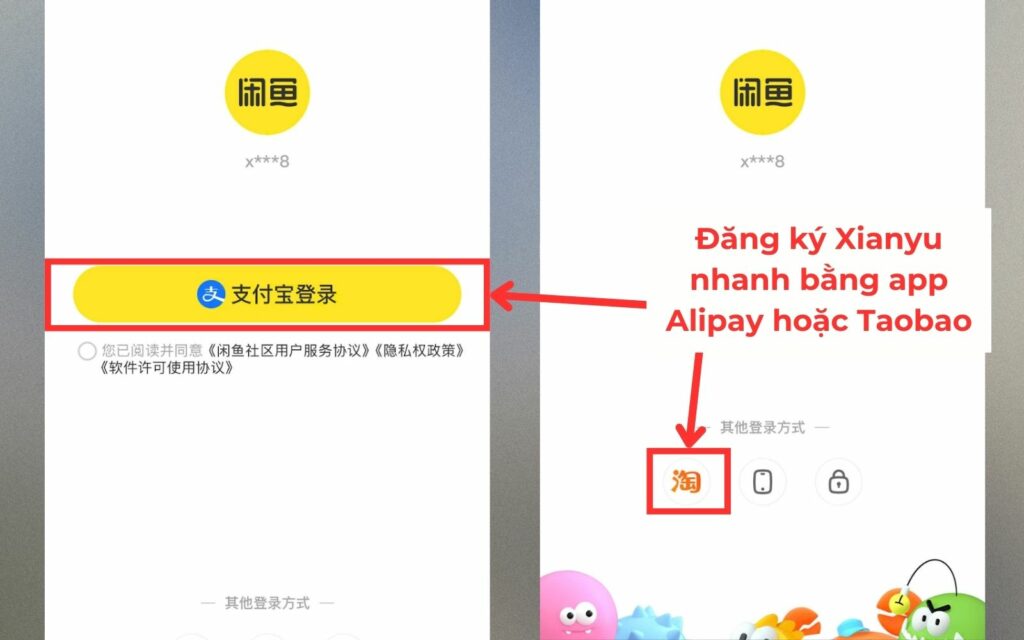 Chọn đăng ký tài khoản đặt hàng trên 2taobao bằng app Taobao hoặc Alipay Cách Đăng kí và đăng nhập tài khoản đặt hàng Xianyu