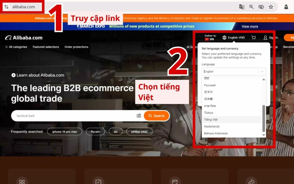 Truy cập website và chuyển giao diện sang tiếng Việt Hướng dẫn đăng ký tài khoản Alibaba