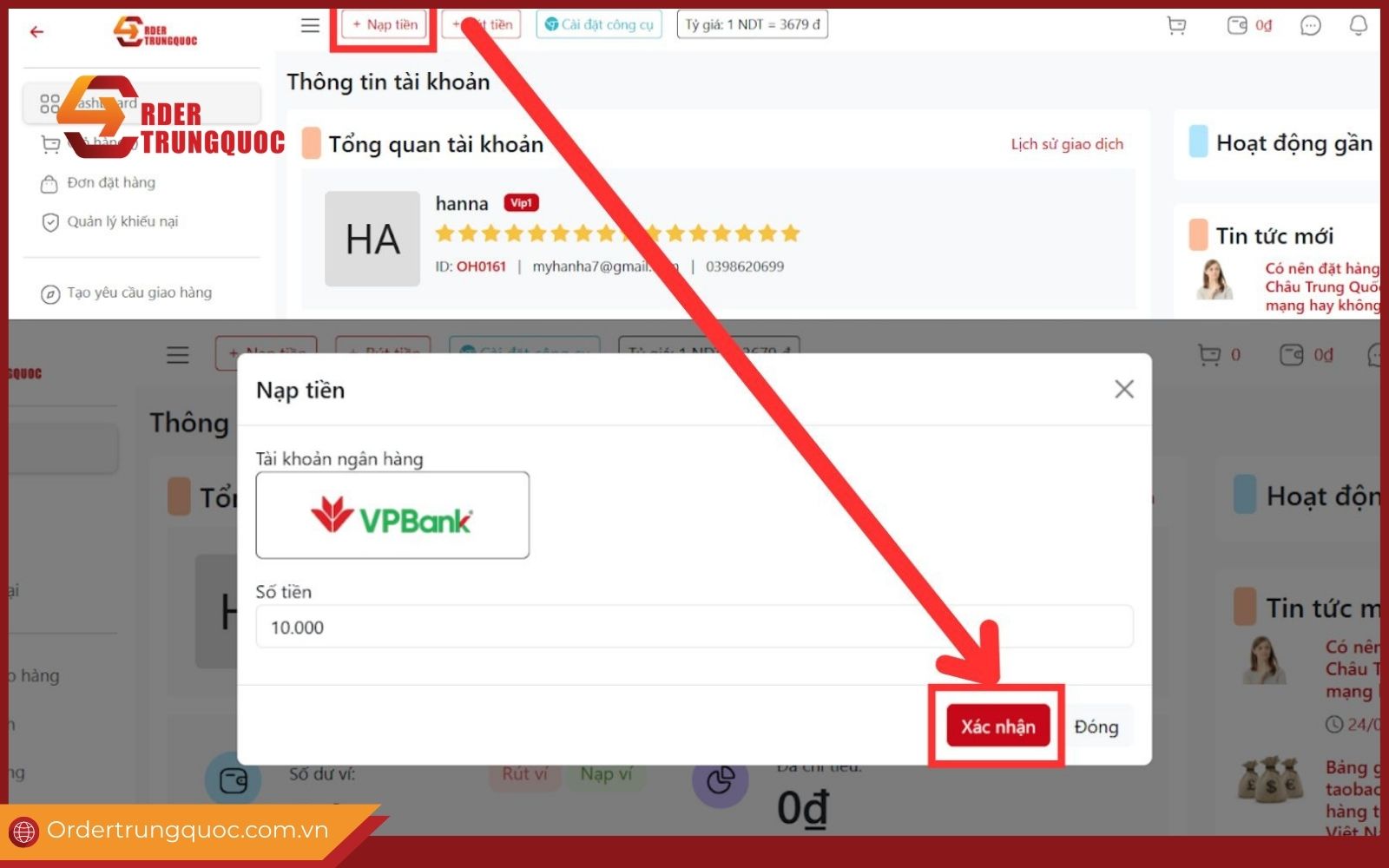 Nạp tiền vào tài khoản Order Trung Quốc